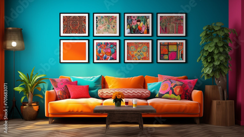 a colorful, eclectic living room with a bold orange couch, vibrant pop-art portraits on a teal wall, a modern circular coffee table, chic decor, and lush houseplants photo