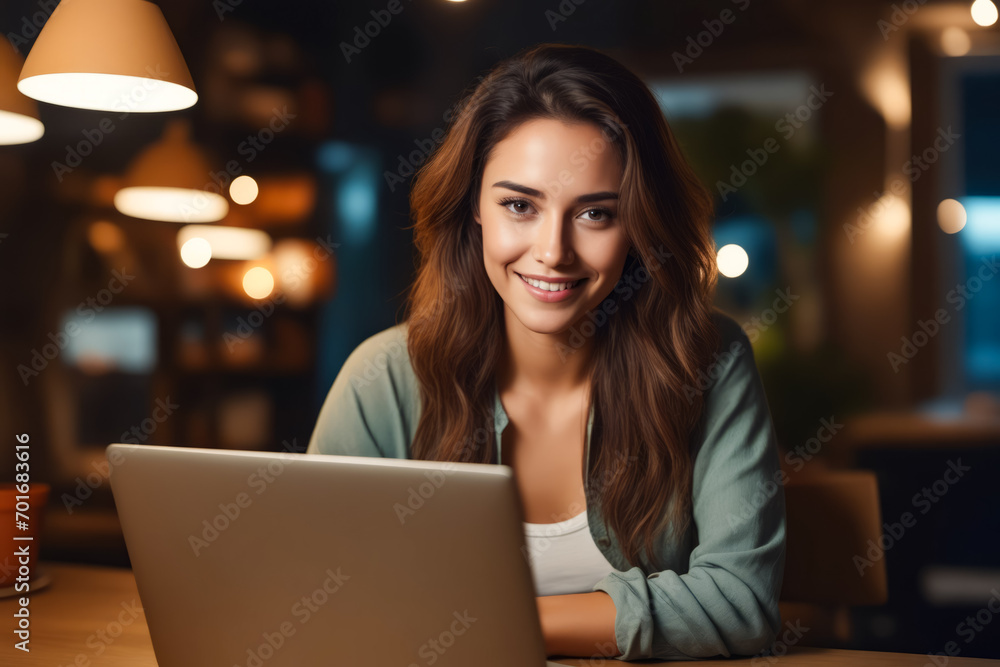 Woman sitting at table with laptop computer.