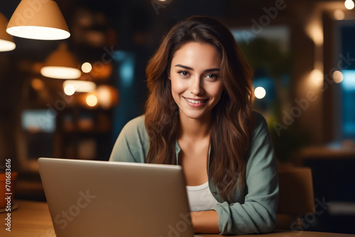 Woman sitting at table with laptop computer. © valentyn640