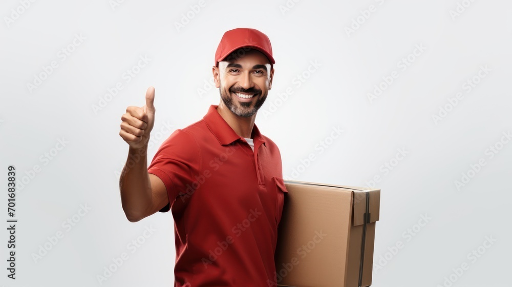 Handsome delivery man on white background, Male postman courier, Shipment concept Handsome delivery man on white background, Male postman courier, Shipment concept