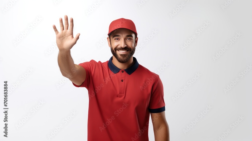 Naklejka premium Handsome delivery man on white background, Male postman courier, Shipment concept