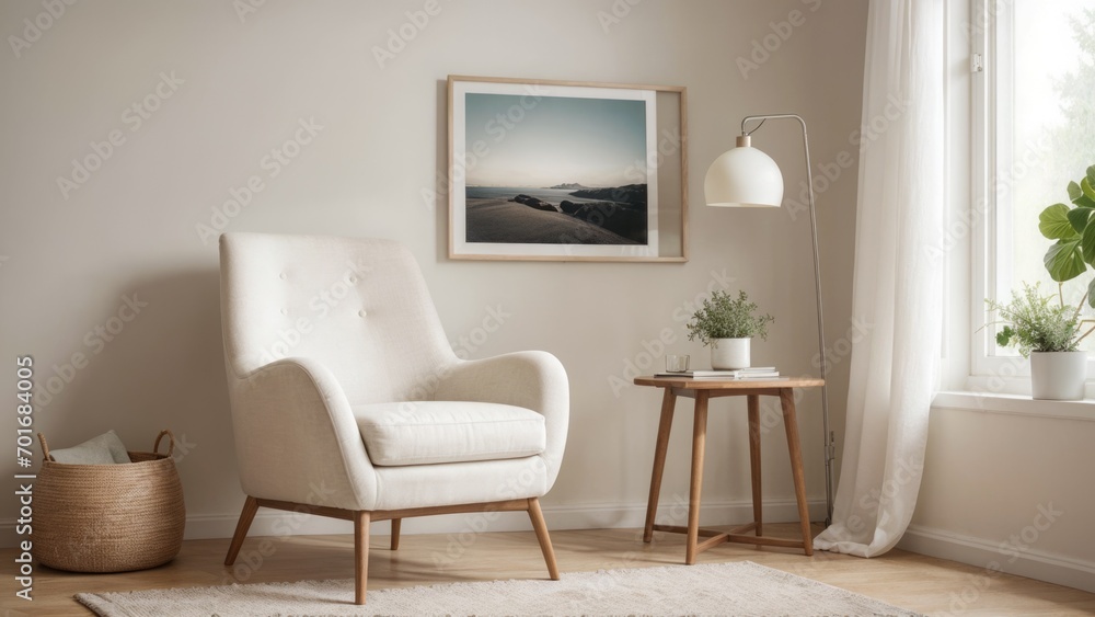 interior design living room with red chair and picture mockup on a wall and a white chair interior design living room with red chair and picture mockup on a wall and a white chair