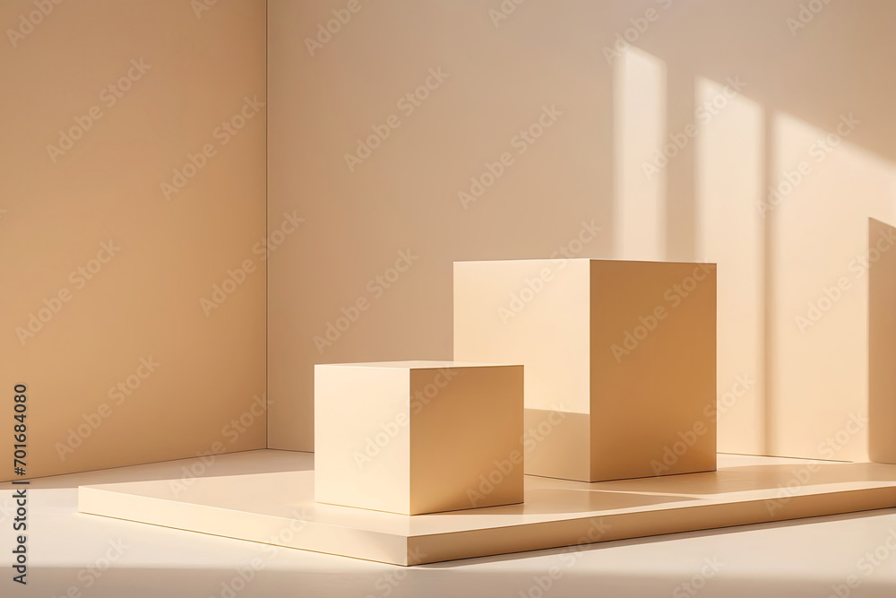 Product Display and Business Concept. Geometric podiums platform on pastel beige background Product Display and Business Concept. Geometric podiums platform on pastel beige background
