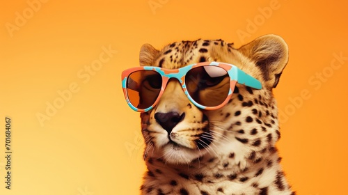 imaginative animal idea. Cheetah in sunglass shades, editorial advertisement, dreamlike, isolated on solid pastel background photo