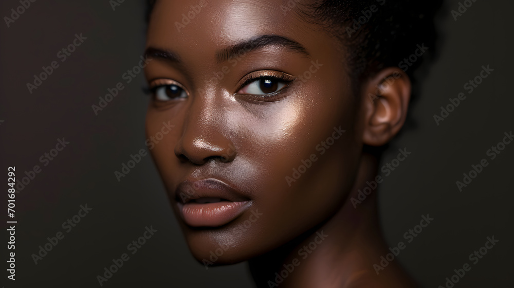 Fototapeta premium a skin model showcasing the effects of high-end cosmetics, emphasizing natural beauty and skin health. The model, with a glowing complexion and subtle makeup, is posed against a minimalist background 