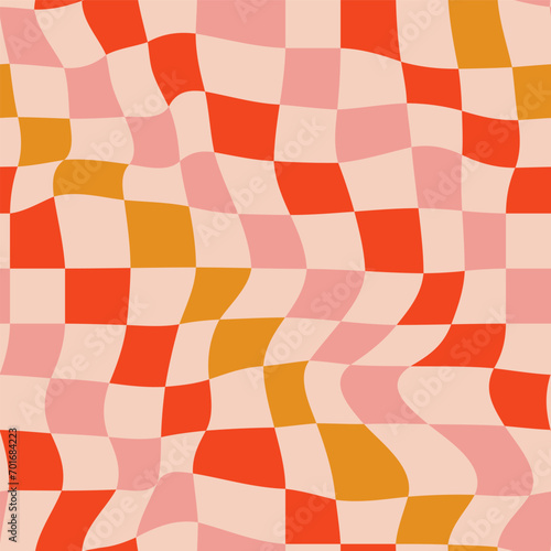 Christmas wavy groovy checker vector background. Retro holiday fluid abstract checkerboard backdrop. Xmas curved distorted check abstract geometric seamless pattern. Pink, red, and gold color