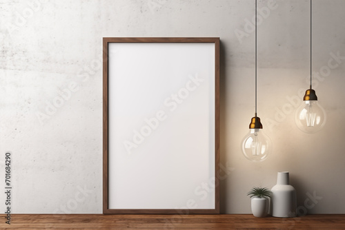 a modern interior with a large blank portrait frame leaning against a textured concrete wall, a wooden floor, two hanging  light bulbs, Mock up photo