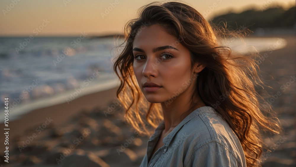 Portrait of a beautiful young mexican columbian model woman at sunset on a sandy beach 