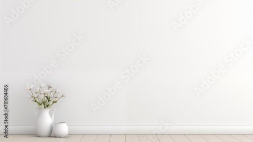 a clean, white space with two white vases, one larger with a bouquet of white tulips, on a light wooden floor against a white wall, Product Background photo