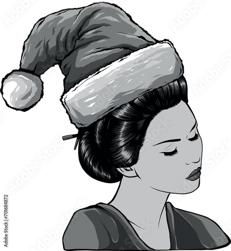 monochromatic geisha japanese wearing santa hat celebrate christmas photo