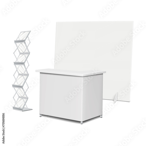 Trade show display kit vector mock-up. Expo set template. Tradeshow backdrop banner, exhibition table counter, brochure holder stand with clear shelves mockup