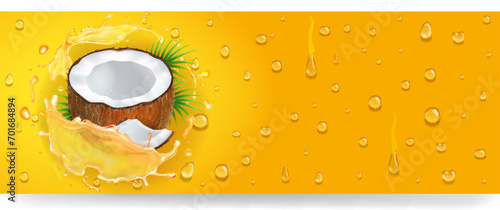 Coconut oil splash and coconut nut, horizontal banner, vector 3d illustration.