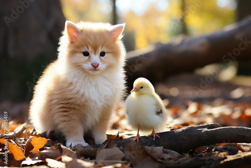 Fluffy orange kitten with a chick in a tranquil autumnal setting