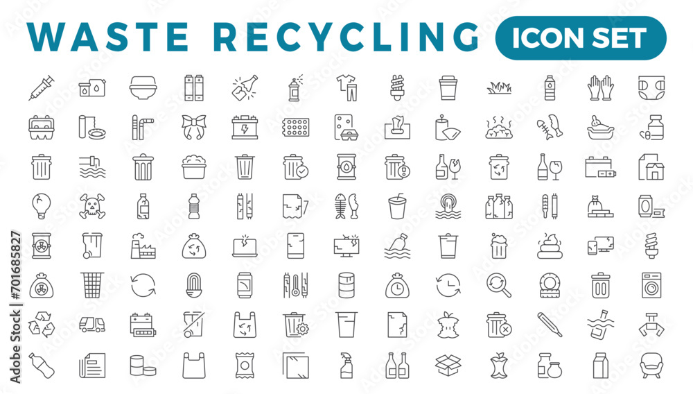 Recycling waste line icons. Garbage disposal. Trash separation, waste sorting with further recycling. - obrazy, fototapety, plakaty 