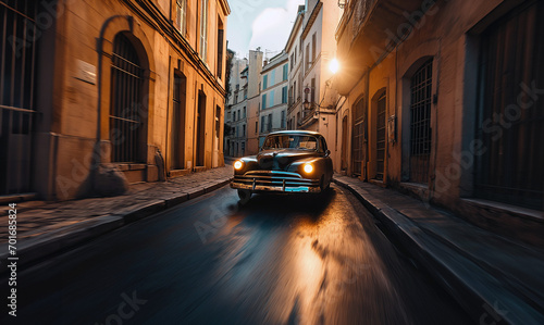 Vintage Car Speeding Through a European City