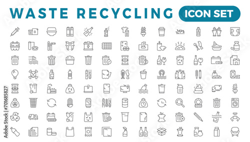 Recycling waste line icons. Garbage disposal. Trash separation, waste sorting with further recycling.