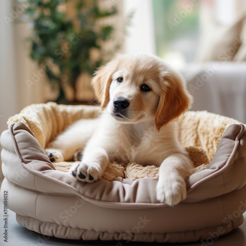 Cute golden retriever puppy in a dog bed at home. advertising animal beds