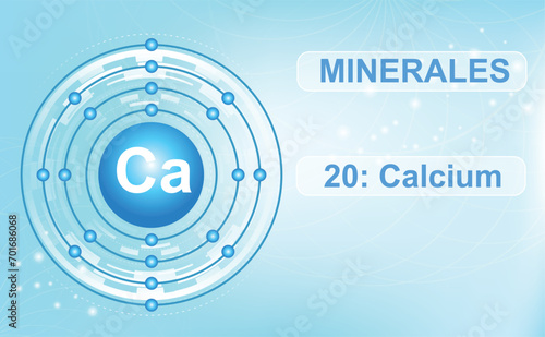 Electronic scheme of the shell of the mineral and the macroelement Ca, calcium, the 20th element of the periodic table of elements. Abstract flat blue gradient background. Information poster.