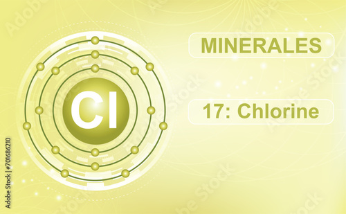 Electronic shell diagram of the mineral and macroelement CL, chlorine, the 17th element of the periodic table of elements. Abstract brownish green background. Information poster.