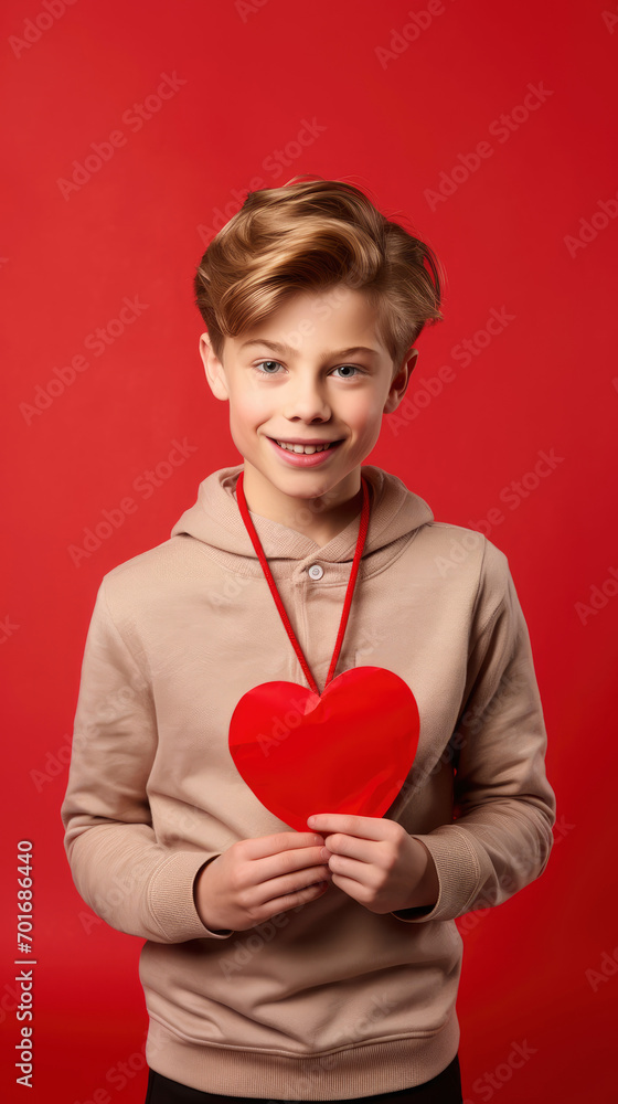 A young boy with a red paper heart on his hand isolated on red valentine background (3) A young boy with a red paper heart on his hand isolated on red valentine background (3)