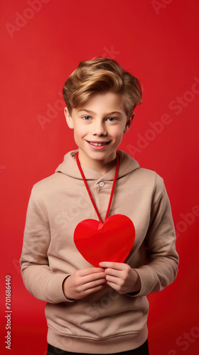 A young boy with a red paper heart on his hand isolated on red valentine background (3)