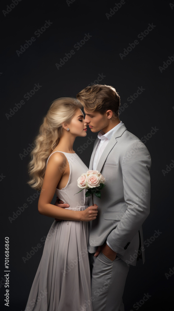 Beautiful happy lovely couple are kissing on grey background with rose bouquet valentine concept Beautiful happy lovely couple are kissing on grey background with rose bouquet valentine concept