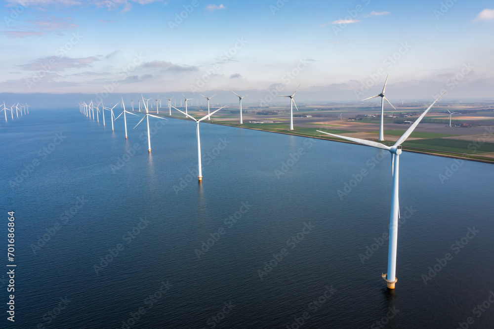aerial view of wind turbine park at the sea coast