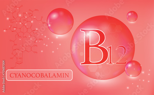 Vitamin B12, cyanocobalamin, water drops, capsule on a pink background. Vitamin complex with chemical formula. Information medical poster.