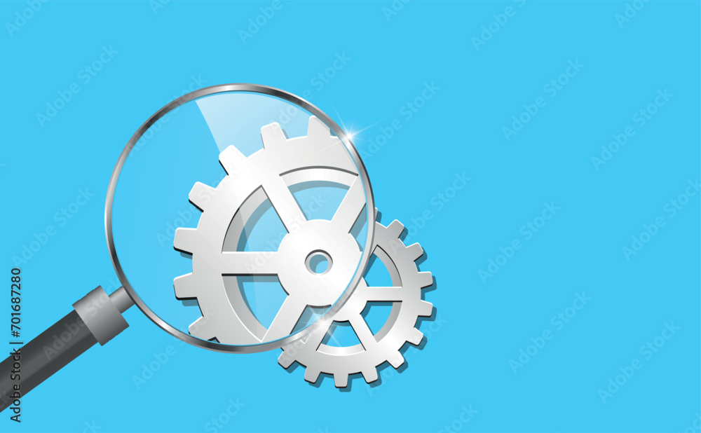 Obraz premium Magnifying glass and gears on a blue background. SEO business concept.