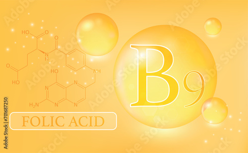 Vitamin B9, folic acid, water drops, capsule on an orange background. Vitamin complex with chemical formula. Information medical poster.