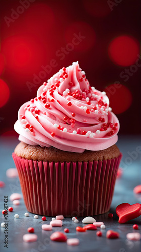 Close up delicious cupcake for Valentine Day on red bokeh blur background