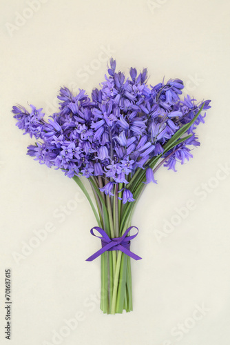 Bluebell flower bouquet for Spring on hemp paper background tied with purple ribbon bow and loose flowers. Floral gift present card for birthday, Mothers Day, Easter. Hyacinthoides.