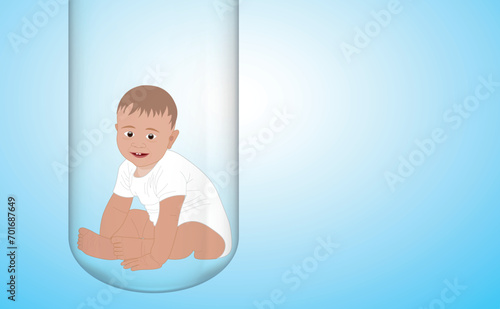 IVF, in vitro fertilization. Boy in a test tube. The concept of infertility, IVF center. Infertile couple, fertility problem. Medical poster. copy space.
