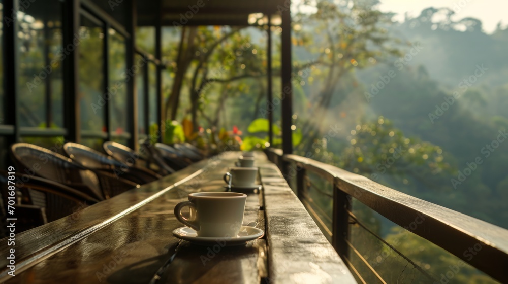 An elegant table with a cup of coffee overlooking a lush forest. A carefree place where you can enjoy a moment of silence and nature An elegant table with a cup of coffee overlooking a lush forest. A carefree place where you can enjoy a moment of silence and nature