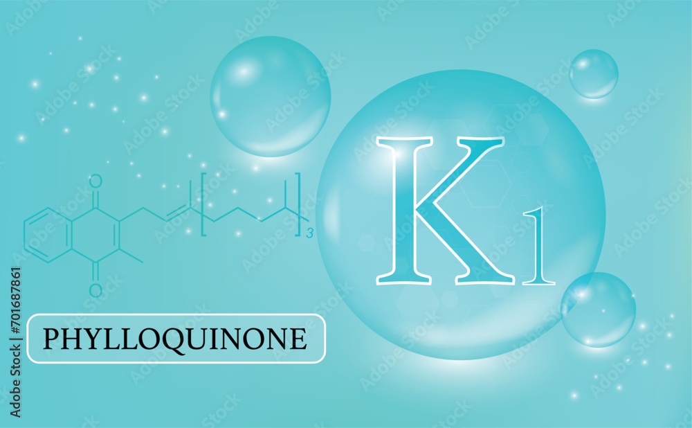 Vitamin, K1, phylloquinone, water drops, capsule on a blue gradient
