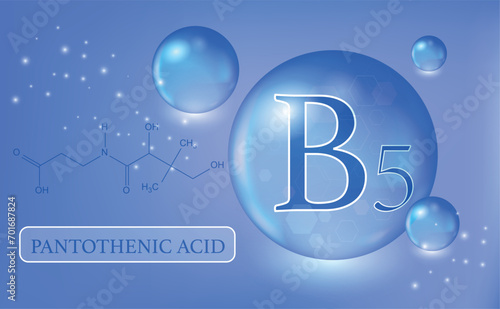 Vitamin B5, pantothenic acid, blue water drops, capsule. Vitamin complex with chemical formula. Information Poster.
