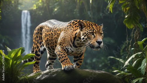 a large leopard walking across a lush green forest covered in leaves and a waterfall in the background  with a bright light shining on the top of the image  sumatraism  animal photography 