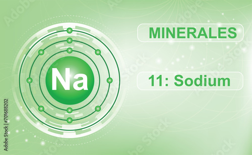 Electron shell diagram of the mineral and macroelement Na, Natrium, the 11th element of the periodic table of elements. Abstract green background. Information poster.
