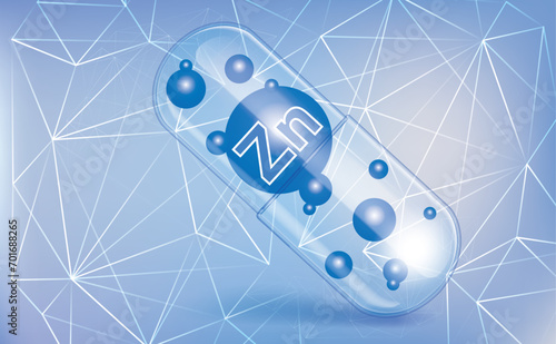 Minerals Zinc, Zn, vitamin inside a translucent capsule, trace element, on a light blue geometric background, a pattern of triangles, lines and dots. Medical information poster.