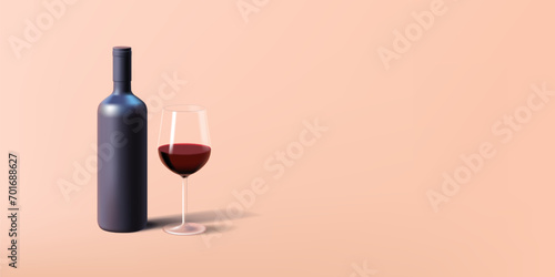 3d illustration of wine bottle with wine transparent glass and red wine isolated.