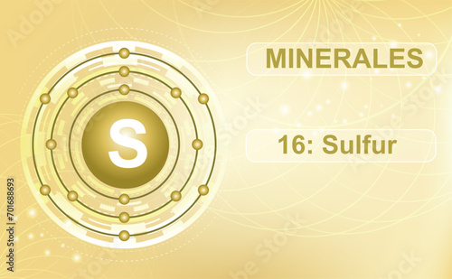 Electron shell diagram for the mineral and macroelement S, sulfur, the 16th element of the periodic table of elements. Abstract green background. Information poster. Vector illustration