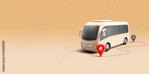 3d realistic bus render illustration with route dashed line and pins geo tags, modern public transport concept car
