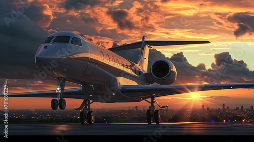 Bathed in the soft glow of sunset, an opulent private jet takes flight into the gathering night
