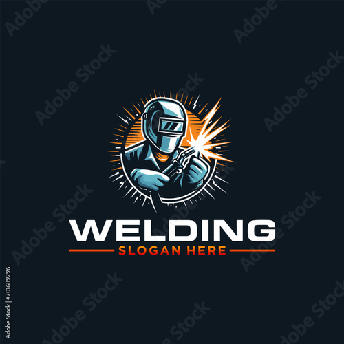Welder with welding machine in hand symbol