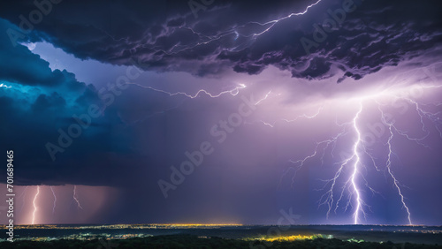 a lightning storm is seen over a city at night time with a blue sky and clouds in the background, shock art, thunderstorm, 