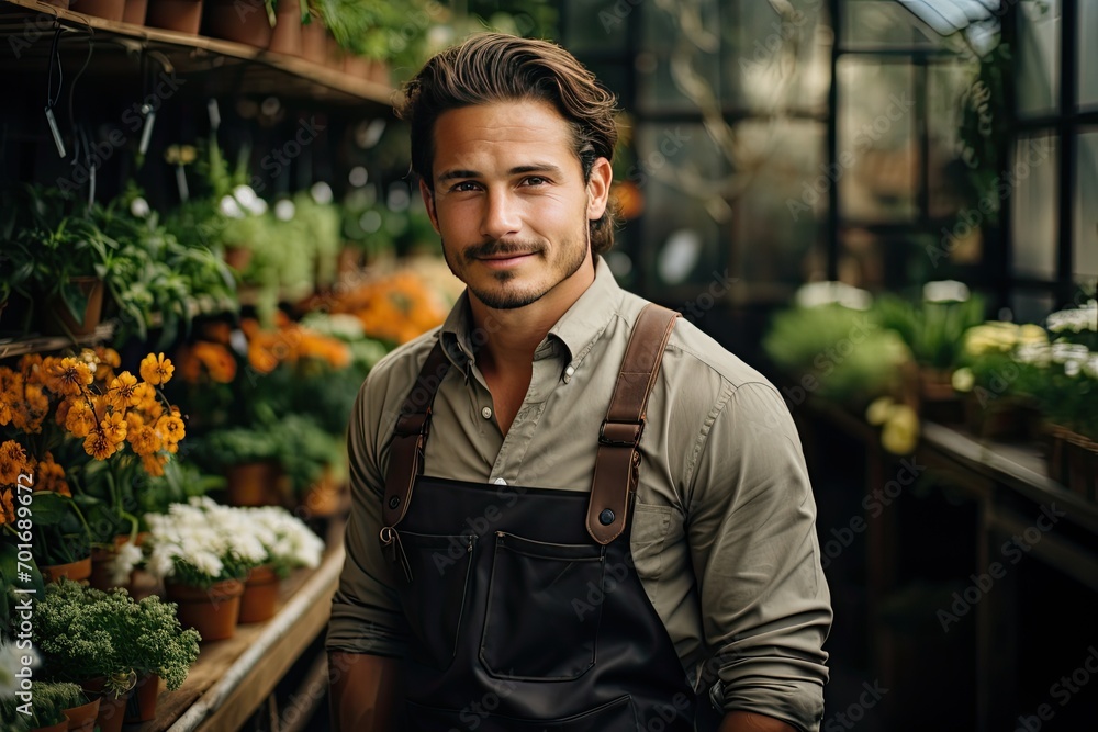 Image of handsome gardener posing in the nature greenhouse garden. Small business owner in flower shop Image of handsome gardener posing in the nature greenhouse garden. Small business owner in flower shop