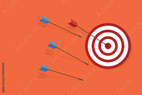 Business challenge failure and success concept. Blue arrows missed hitting target and only red one hits the center.	
