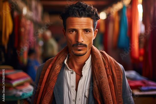 Photo of a Moroccan man wearing a mix of traditional and modern attire in the vibrant souks of Marrakech photo