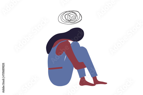 Sad and depressed woman hug her knee sitting on window.Unhappy and stressed, psychology, depression, stress, mental healtlh.and loneliness vector illustration.