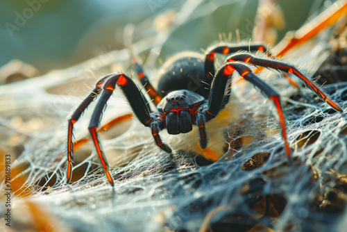 Redback spider in the Australian Outback, detailed close-up showing its distinctive red stripe, under soft, natural sunlight
